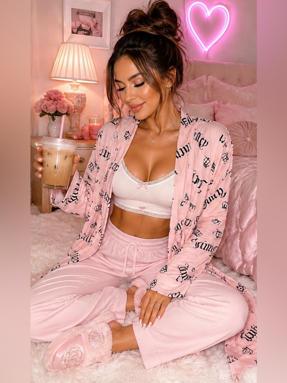 Juicy Couture Y2K Pink Logo Crown Open Front Lounge Cozy Robe Cardigan McBling L